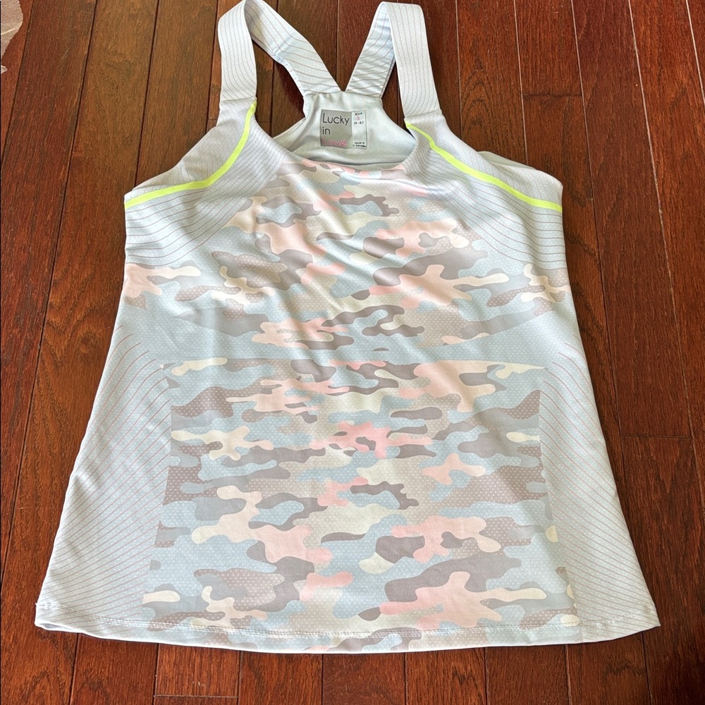 Lucky In Love Womens Undercover Love Notch Tank Top tennis pickleball S camo